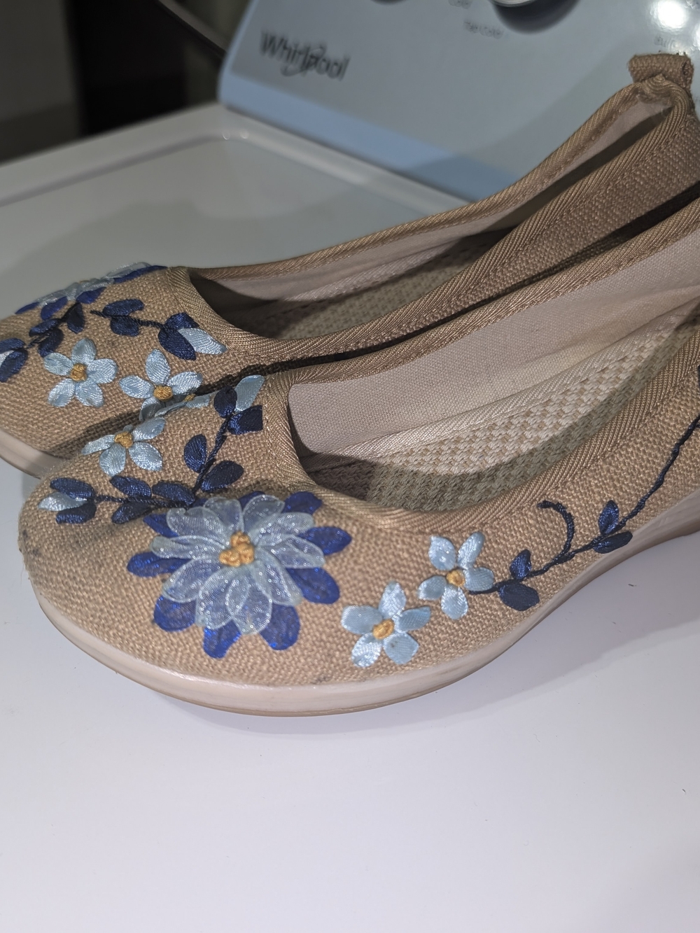 Beige Floral Embroidered Women's Slip-On Flats - Picture 4 of 8